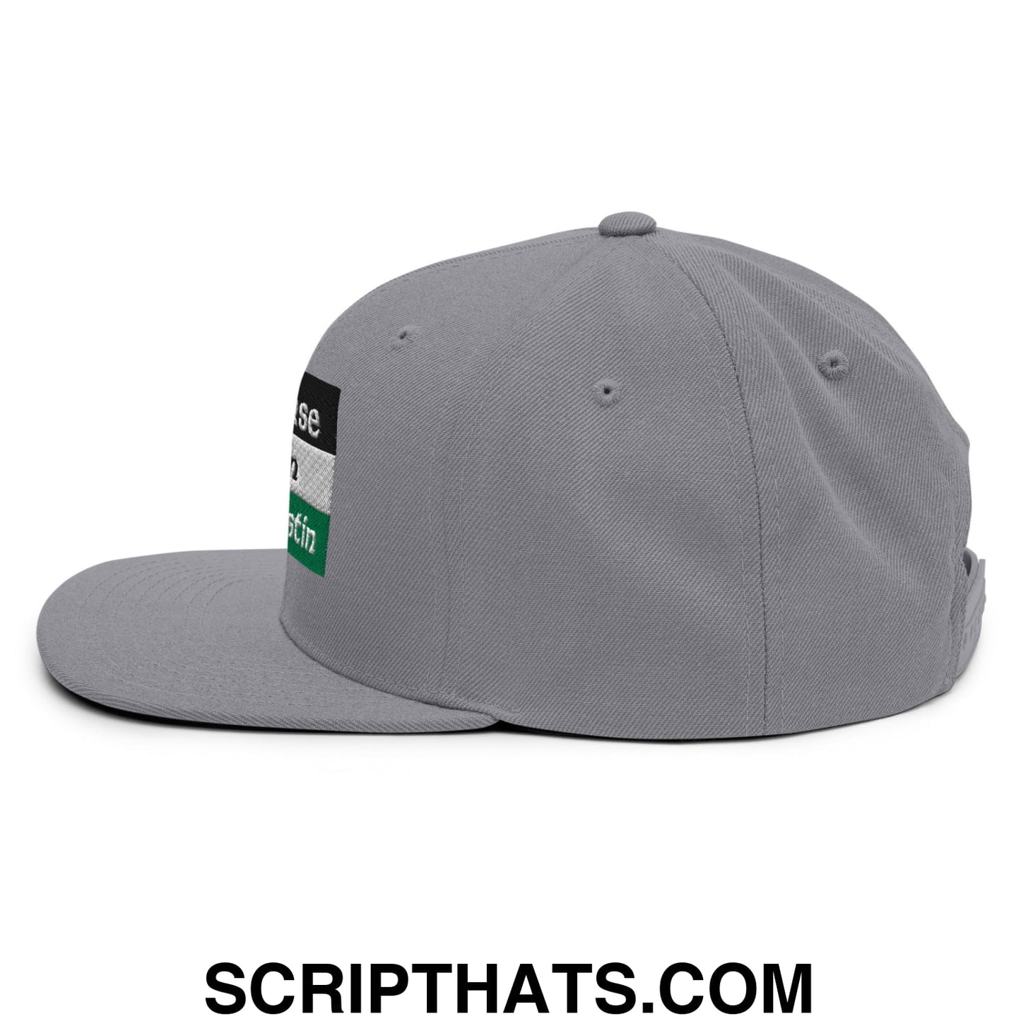 Gray Saoirse don Phalaistin snapback hat with flat bill and black white green rectangular patch on the side