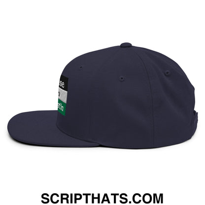 Navy blue saoirse don phalaistin snapback hat with embroidered flat bill and rectangular patch with black white green stripes