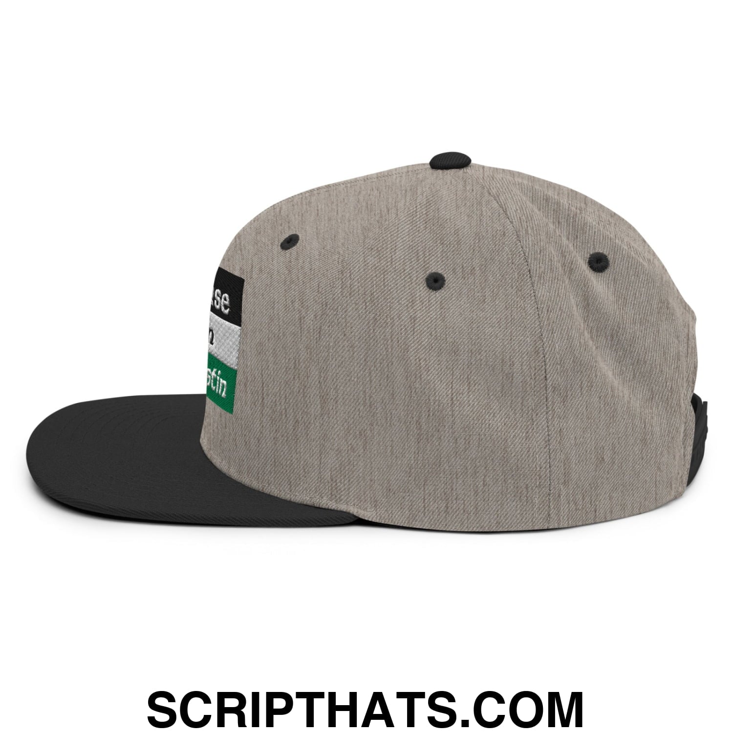 Saoirse don phalaistin gray heathered snapback hat with black brim and green white black embroidered patch