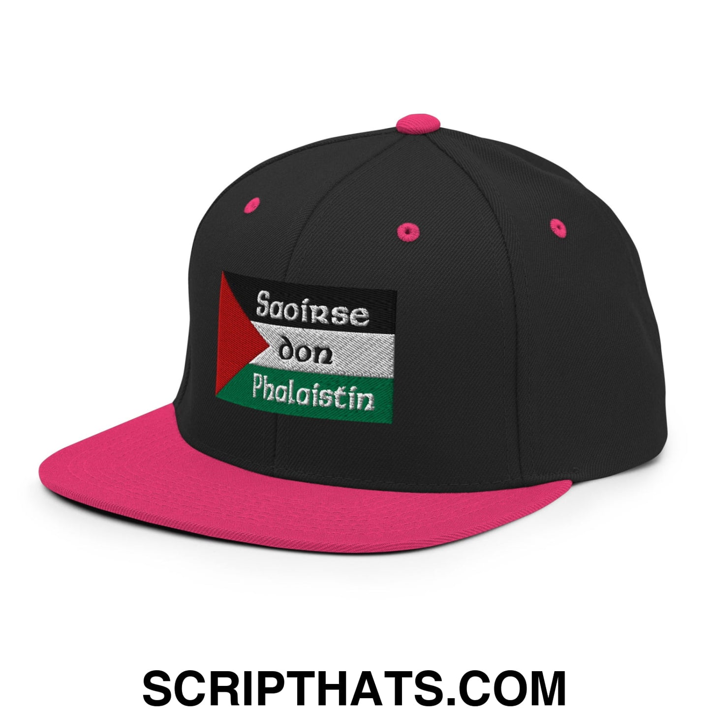 Black snapback cap with vibrant pink brim and embroidered palestinian flag patch with white saoirse don phalaistin text