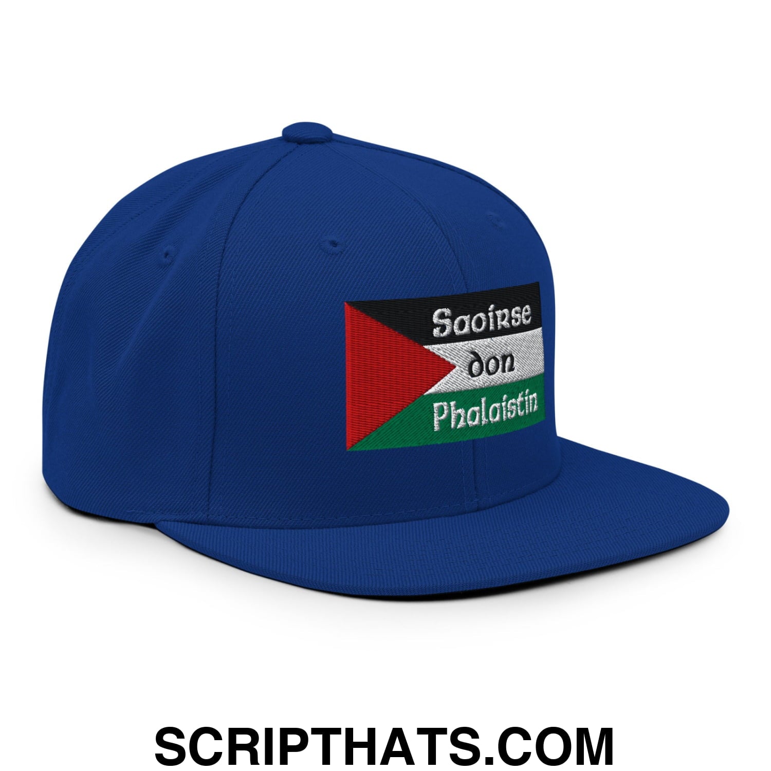 Royal blue snapback hat with embroidered palestinian flag patch and white saoirse don phalaistin text on flat bill brim