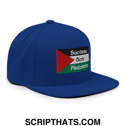 Royal blue snapback hat with embroidered palestinian flag patch and white saoirse don phalaistin text on flat bill brim