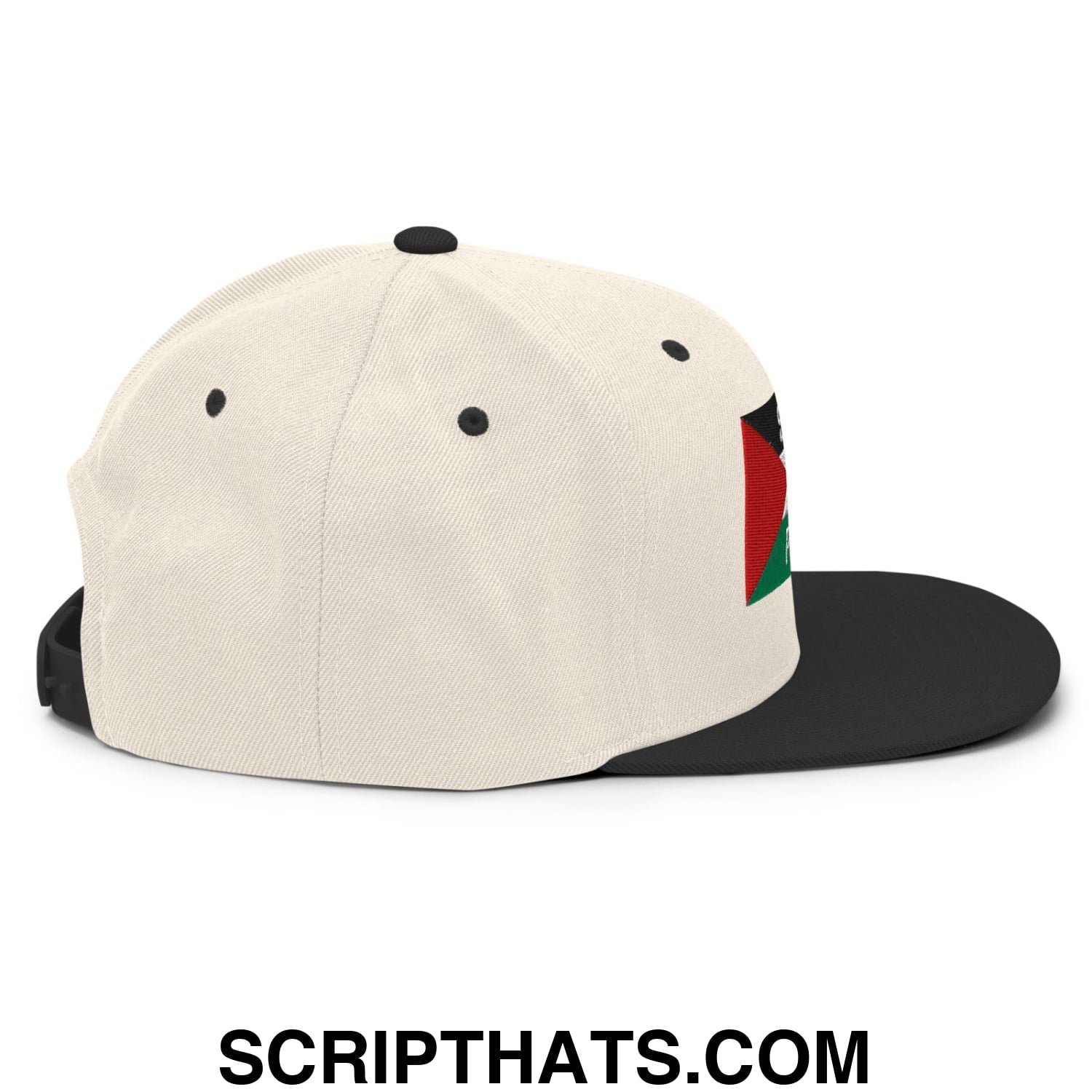 Off-white snapback hat with flat black brim and embroidered palestinian flag for casual streetwear