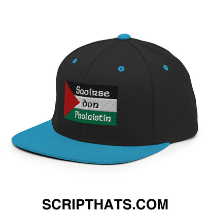 Black snapback cap with teal brim and palestinian flag patch embroidered with saoirse don phalaistin text