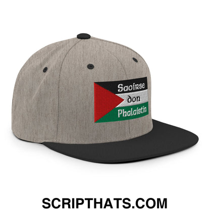 Gray snapback hat with black brim and embroidered palestinian flag patch reading saoirse don phalaistin