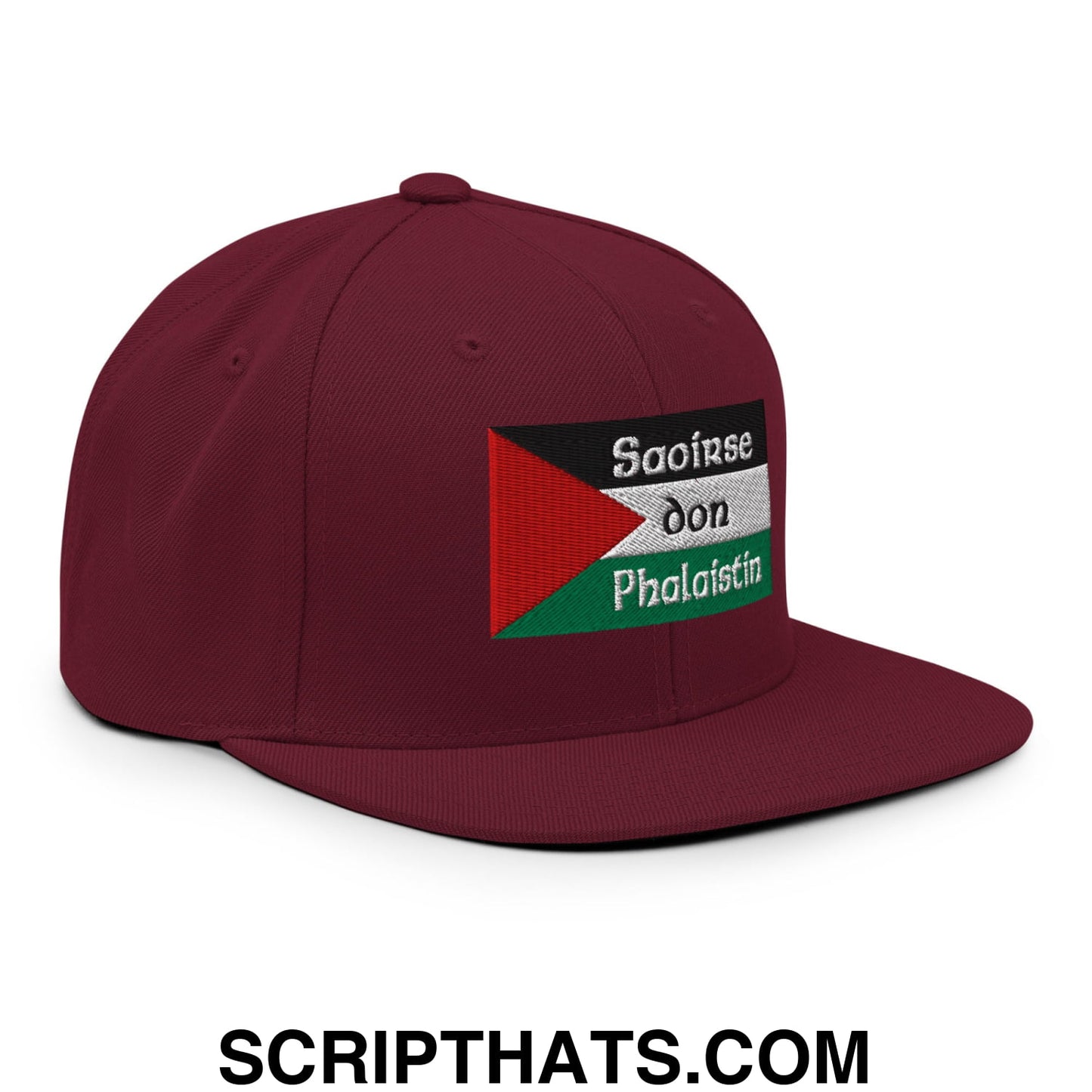 Maroon flat bill snapback hat with an embroidered palestinian flag patch and saoirse don phalaistin text