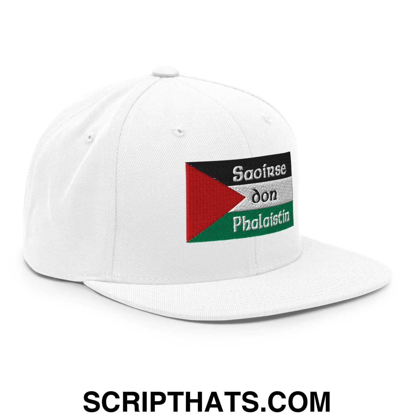 White snapback flat bill brim hat with embroidered palestinian flag and black silver green saoirse don phalaistin text