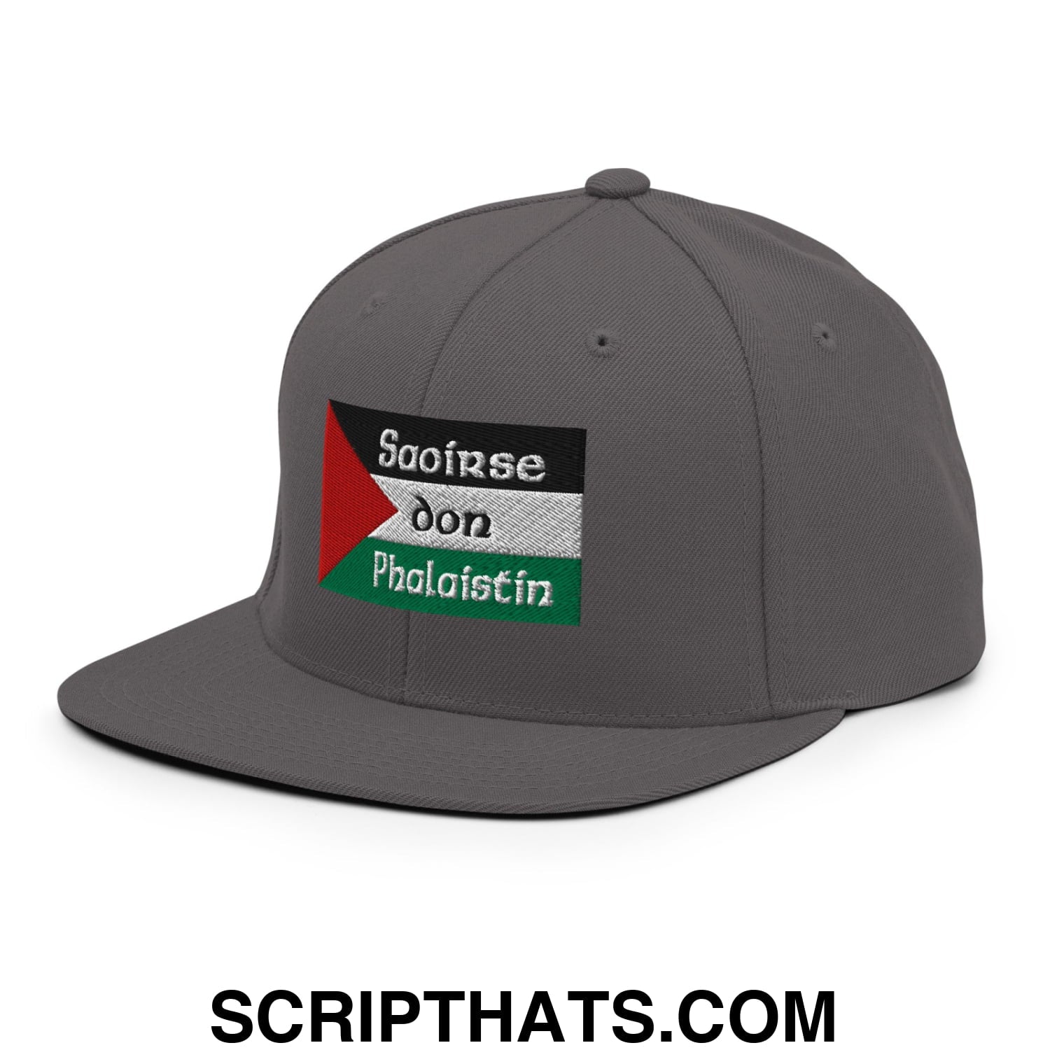 Gray snapback cap with embroidered palestinian flag patch and saoirse don phalaistin text on flat bill brim