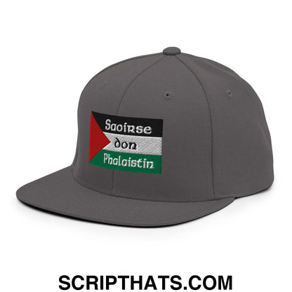 Gray snapback cap with embroidered palestinian flag patch and saoirse don phalaistin text on flat bill brim