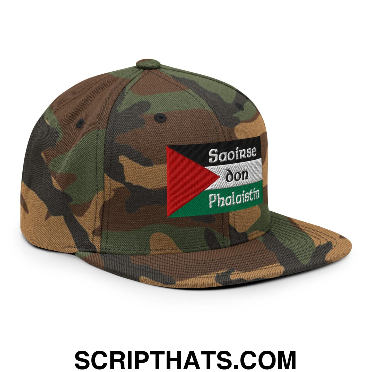 Camouflage snapback hat with flat bill featuring an embroidered Palestinian flag patch and text by Saoirse don Phalaistin