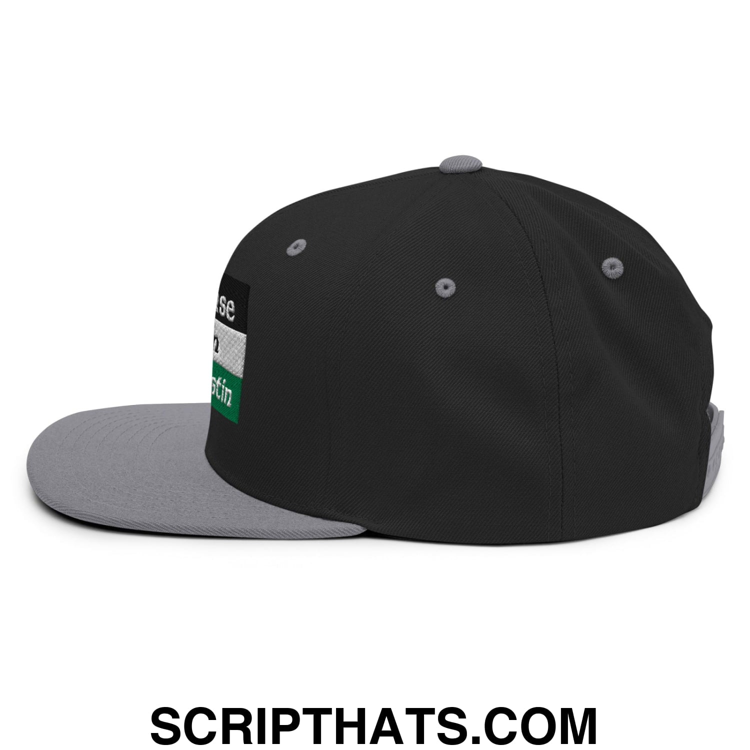Black snapback cap with gray brim and rectangular patch with white text over green and black stripes on the side