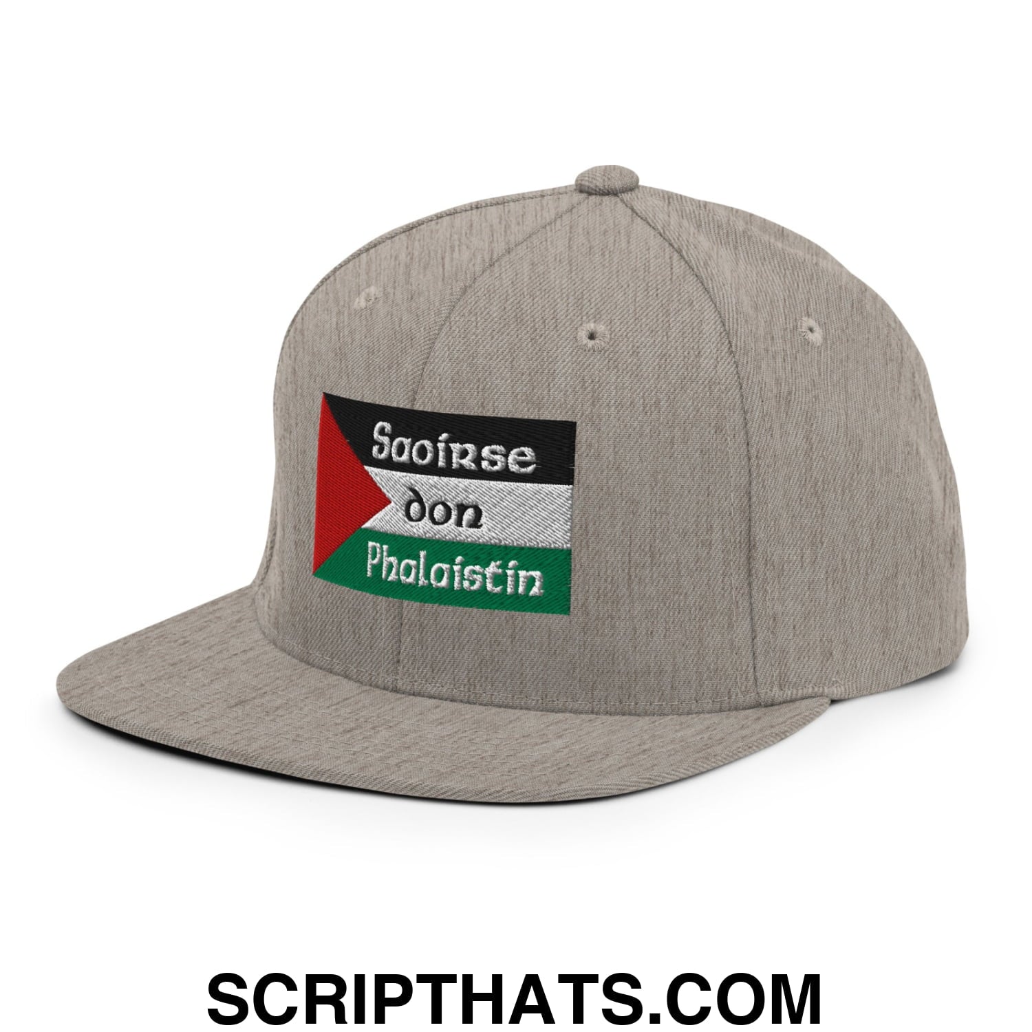 Gray flat bill snapback hat with embroidered Palestinian flag patch and white saoirse don phalaistin text