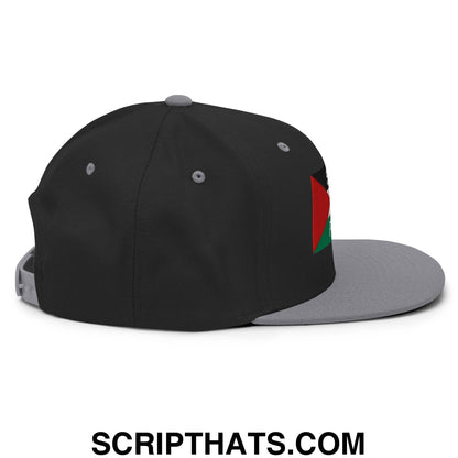 Black and gray snapback cap with red black and green flag patch on the side embroidered flat bill brim hat