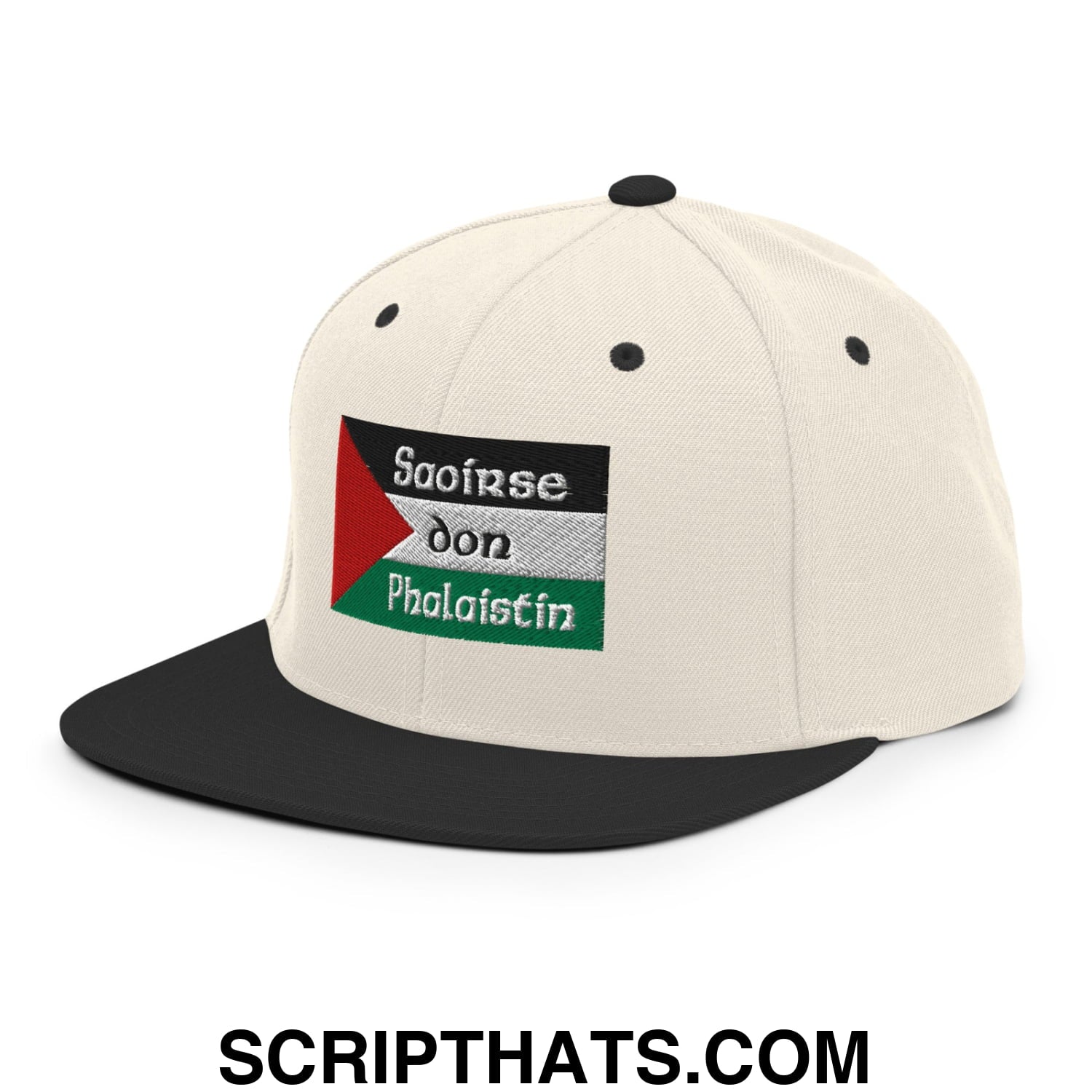 Cream-colored snapback cap with black flat bill brim and embroidered palestinian flag patch with saoirse don phalaistin text