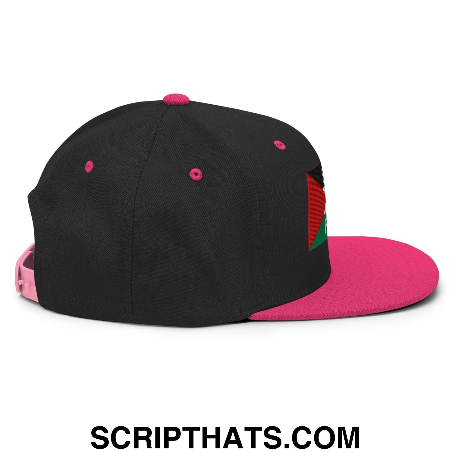 Saoirse don Phalaistin embroidered flat bill snapback hat with black cap pink brim button eyelets and colorful side emblem