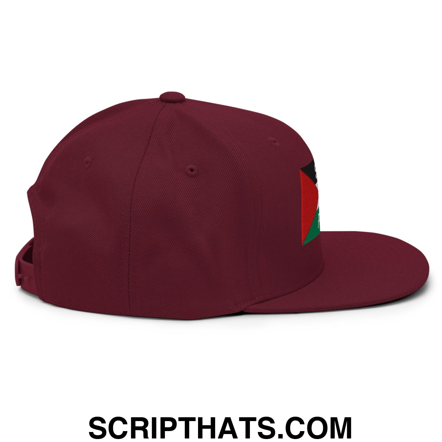 Maroon Saoirse don Phalaistin embroidered flat bill brim snapback hat with a small flag patch on the side