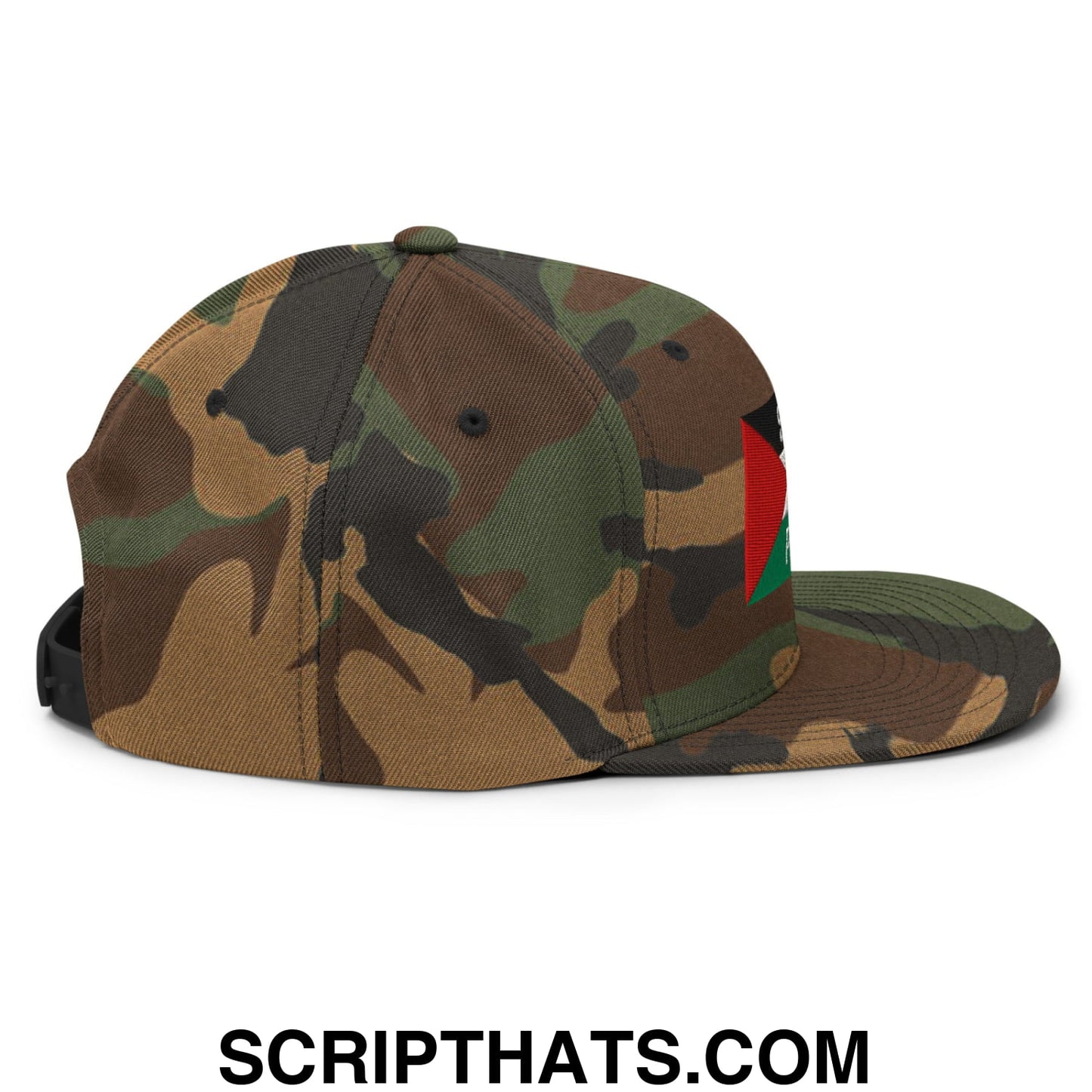 Saoirse don Phalaistin embroidered flat bill snapback hat with camouflage pattern and red black green flag patch on side