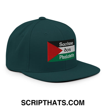 Dark green snapback cap with embroidered palestinian flag patch and saoirse don phalaistin text on flat bill brim