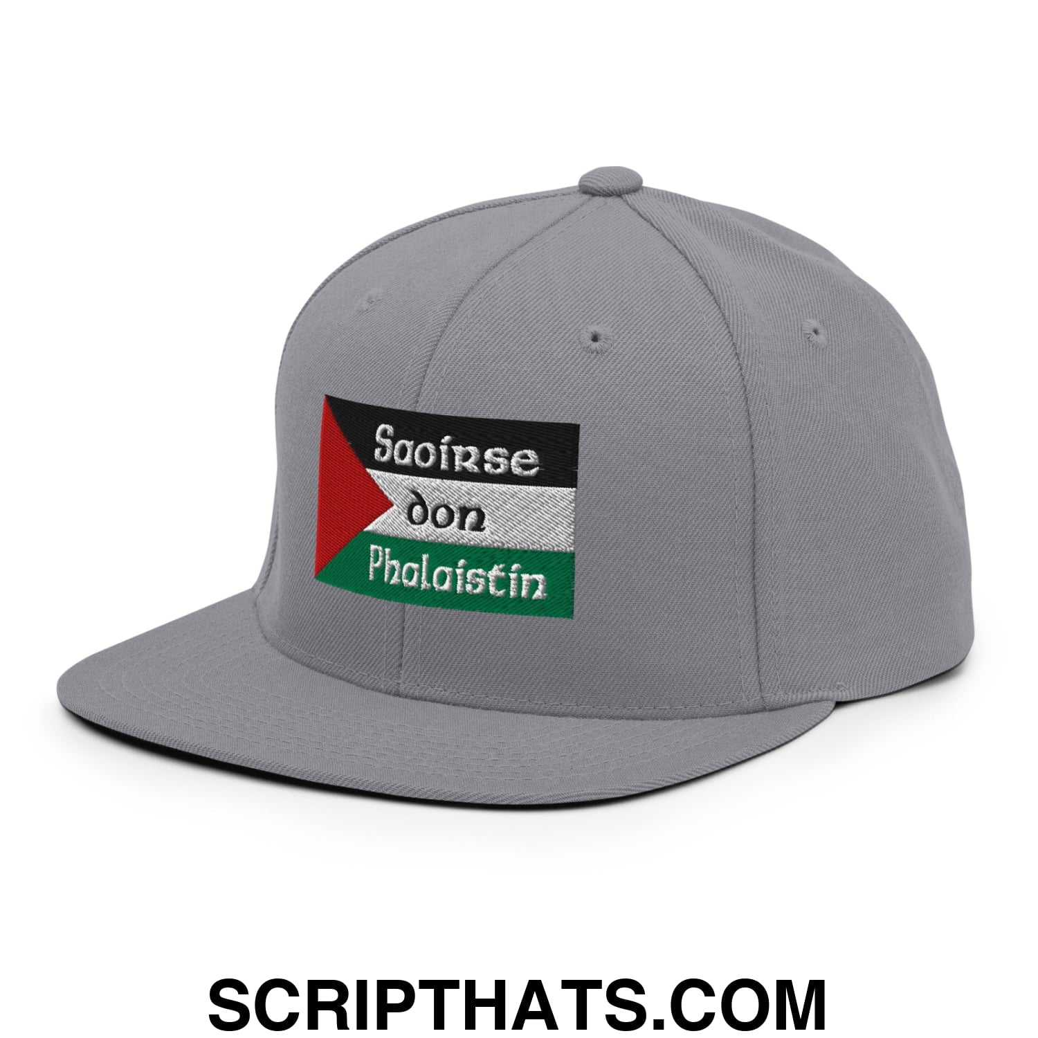 Gray snapback cap with embroidered palestinian flag patch and irish gaelic text flat bill brim hat