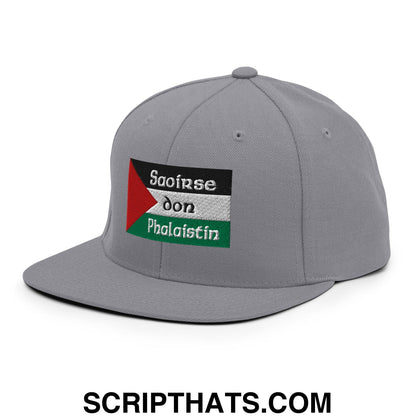 Gray snapback cap with embroidered palestinian flag patch and irish gaelic text flat bill brim hat
