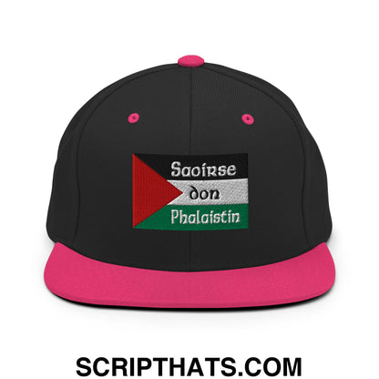 Black snapback cap with vibrant pink brim and palestinian flag patch embroidered with saoirse don phalaistin text