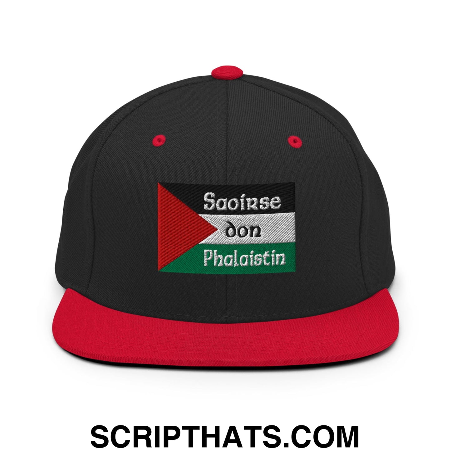 Black snapback cap with red brim and palestinian flag patch embroidered with saoirse don phalaistin text