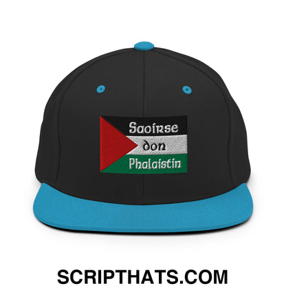 Black snapback cap with teal brim and button featuring embroidered palestinian flag patch and white saoirse don phalaistin text