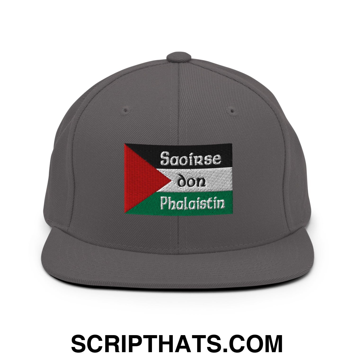 Gray snapback hat with embroidered palestinian flag and white embroidered text saoirse don phalaistin on front