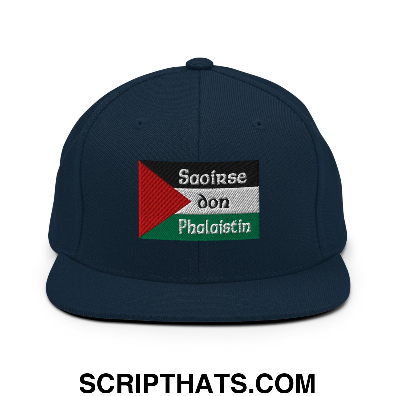 Dark navy blue flat bill snapback hat with embroidered palestinian flag and white saoirse don phalaistin text