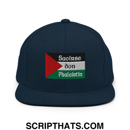 Dark navy blue flat bill snapback hat with embroidered palestinian flag and white saoirse don phalaistin text