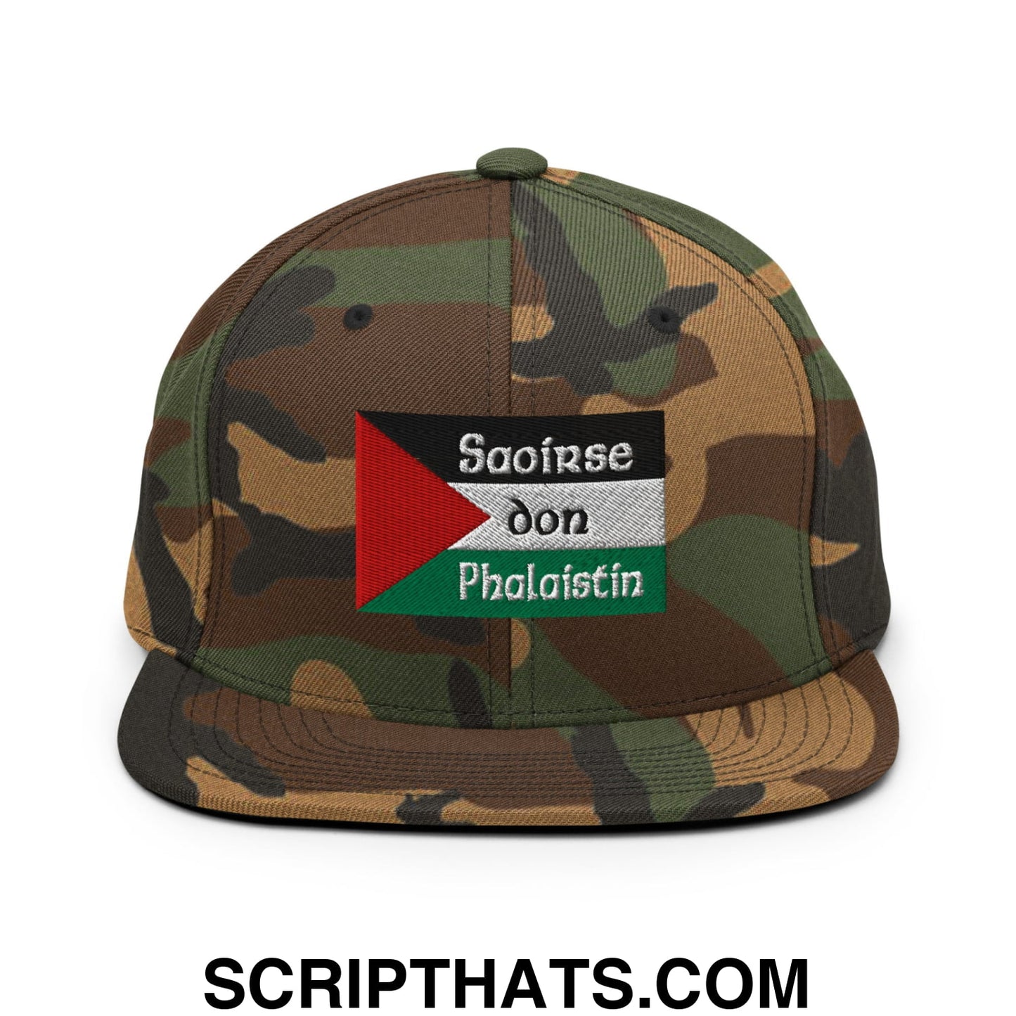 Camouflage snapback hat with embroidered palestinian flag patch and white saoirse don phalaistin text on flat bill brim