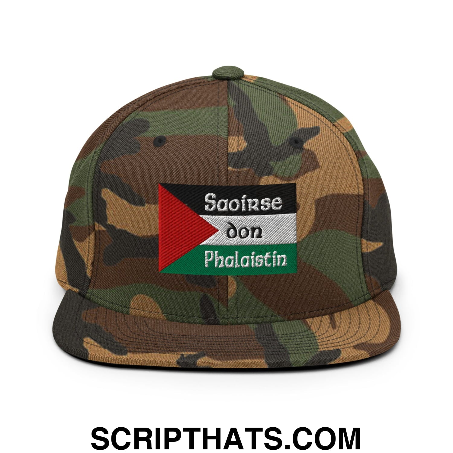 Camouflage snapback hat with embroidered palestinian flag patch and white saoirse don phalaistin text on flat bill brim