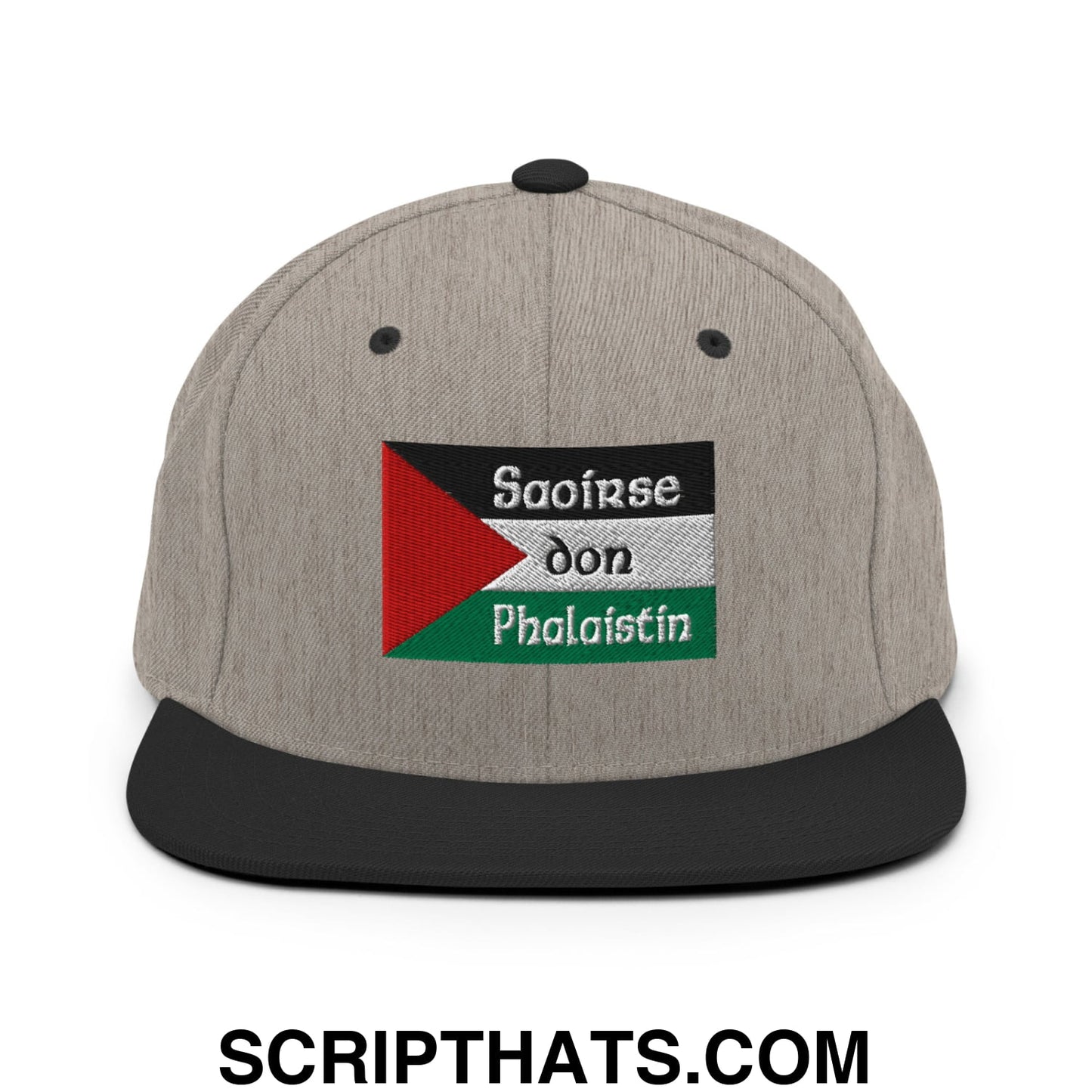 Gray snapback hat with black brim and embroidered palestinian flag patch with saoirse don phalaistin text in white