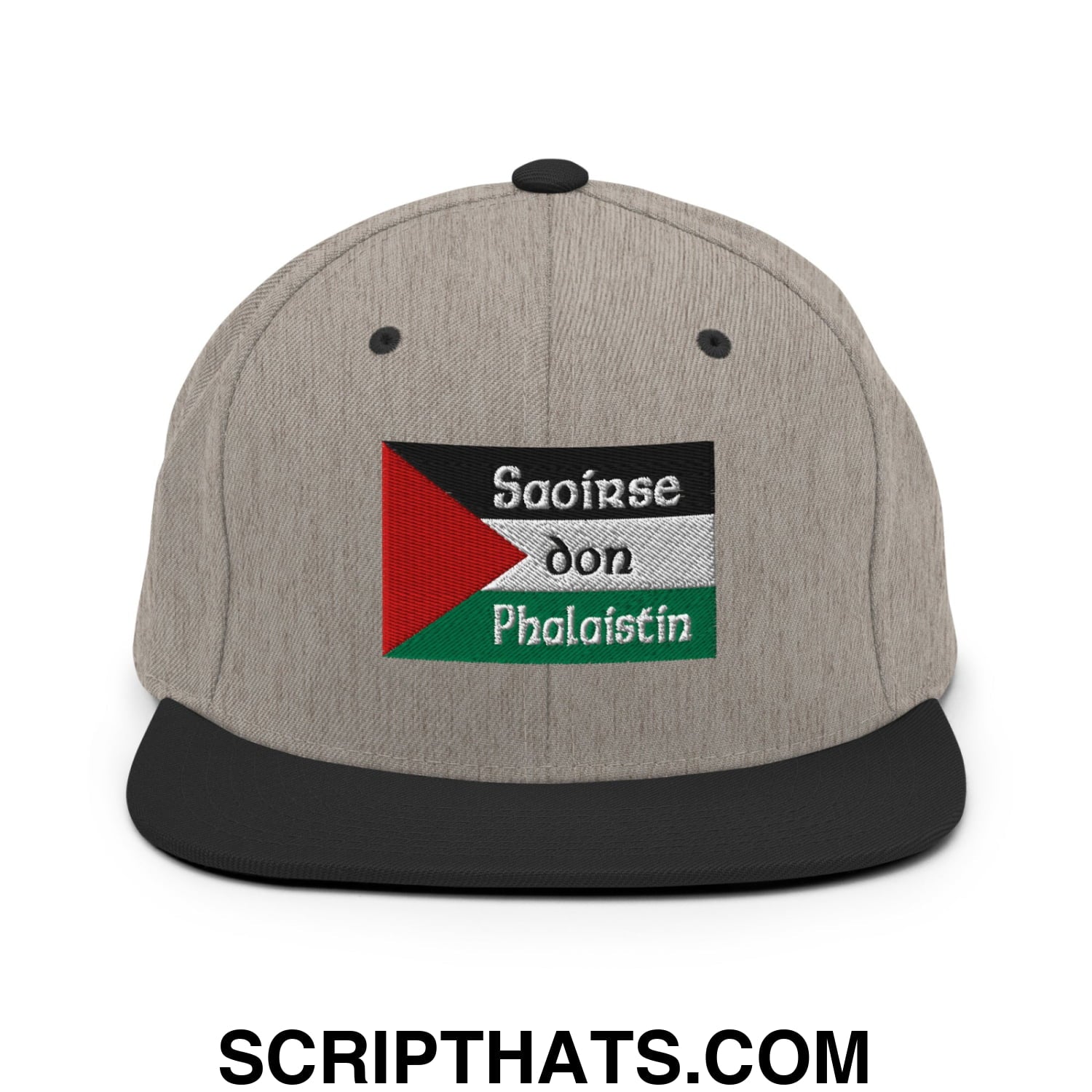 Gray snapback hat with black brim and embroidered palestinian flag patch with saoirse don phalaistin text in white