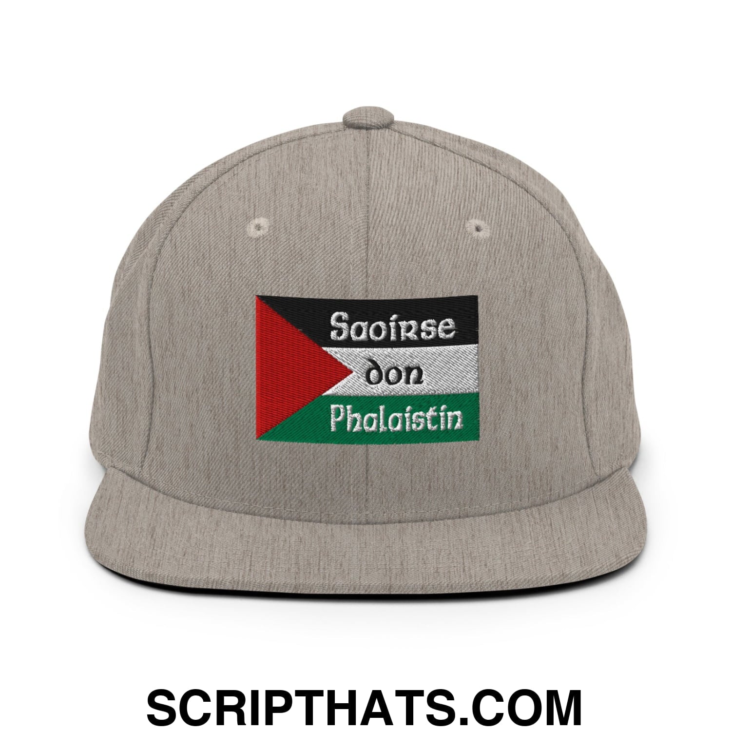 Heather gray snapback hat with embroidered palestinian flag patch and white embroidered saoirse don phalaistin text