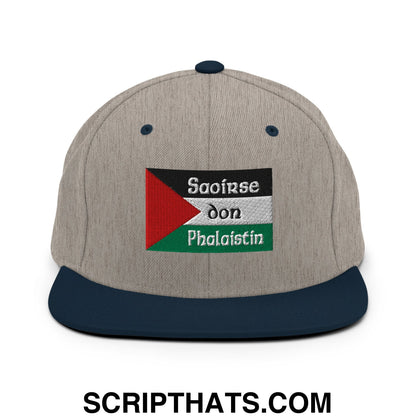Beige and navy blue snapback hat with embroidered palestinian flag and white saoirse don phalaistin text