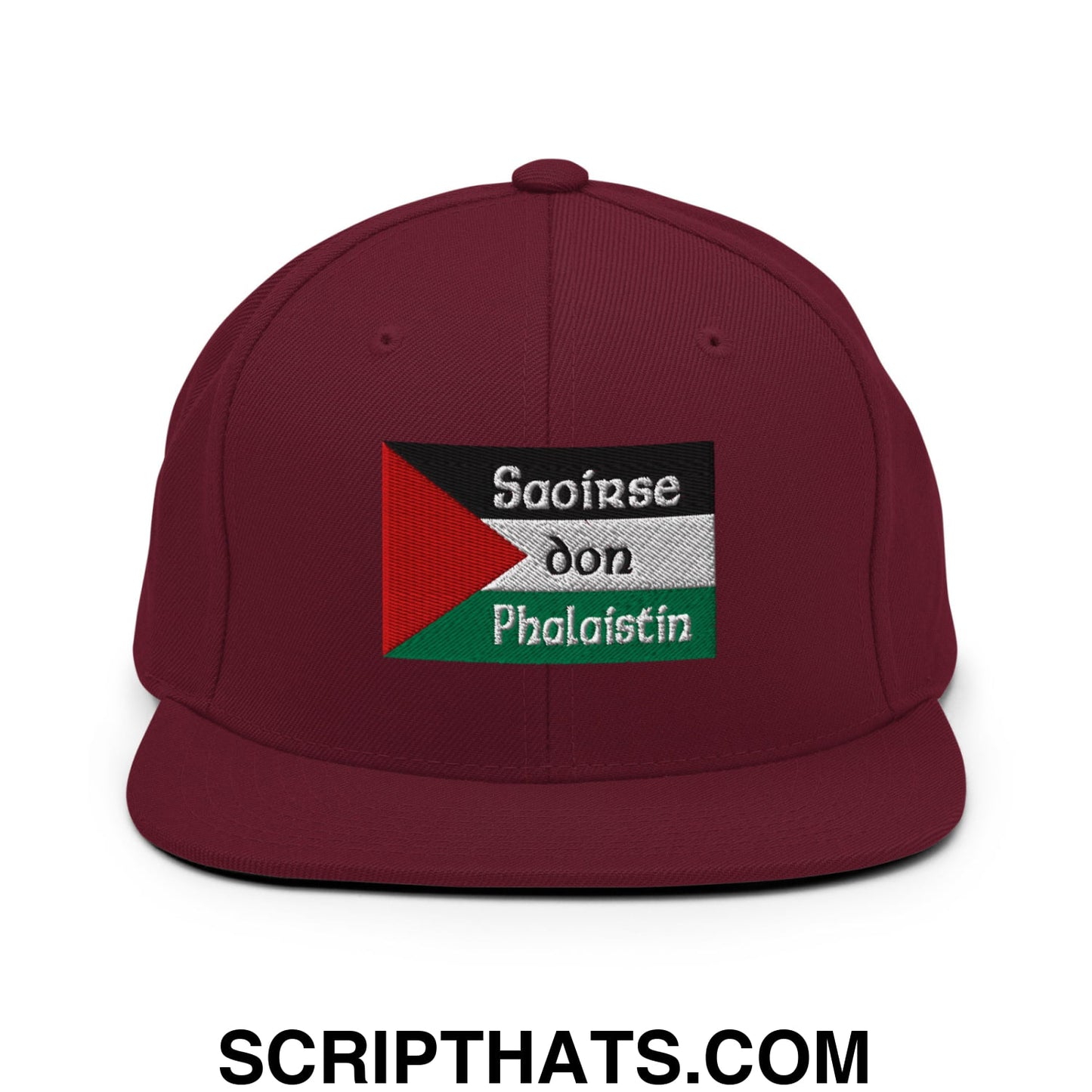 Maroon snapback cap with embroidered palestinian flag patch and text saoirse don phalaistin flat bill brim hat