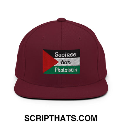 Maroon snapback cap with embroidered palestinian flag patch and text saoirse don phalaistin flat bill brim hat