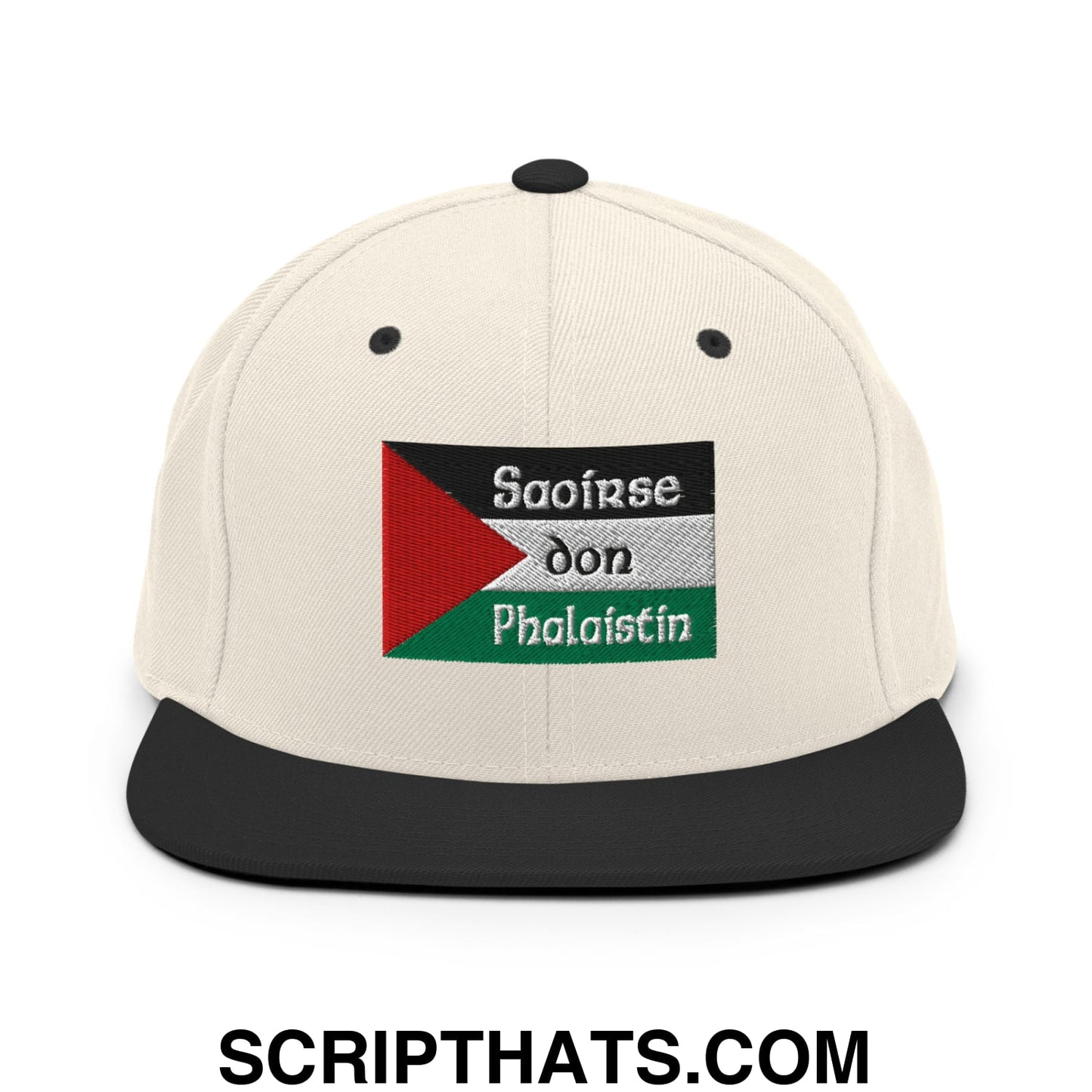 Cream-colored snapback hat with black brim and embroidered palestinian flag patch with saoirse don phalaistin text
