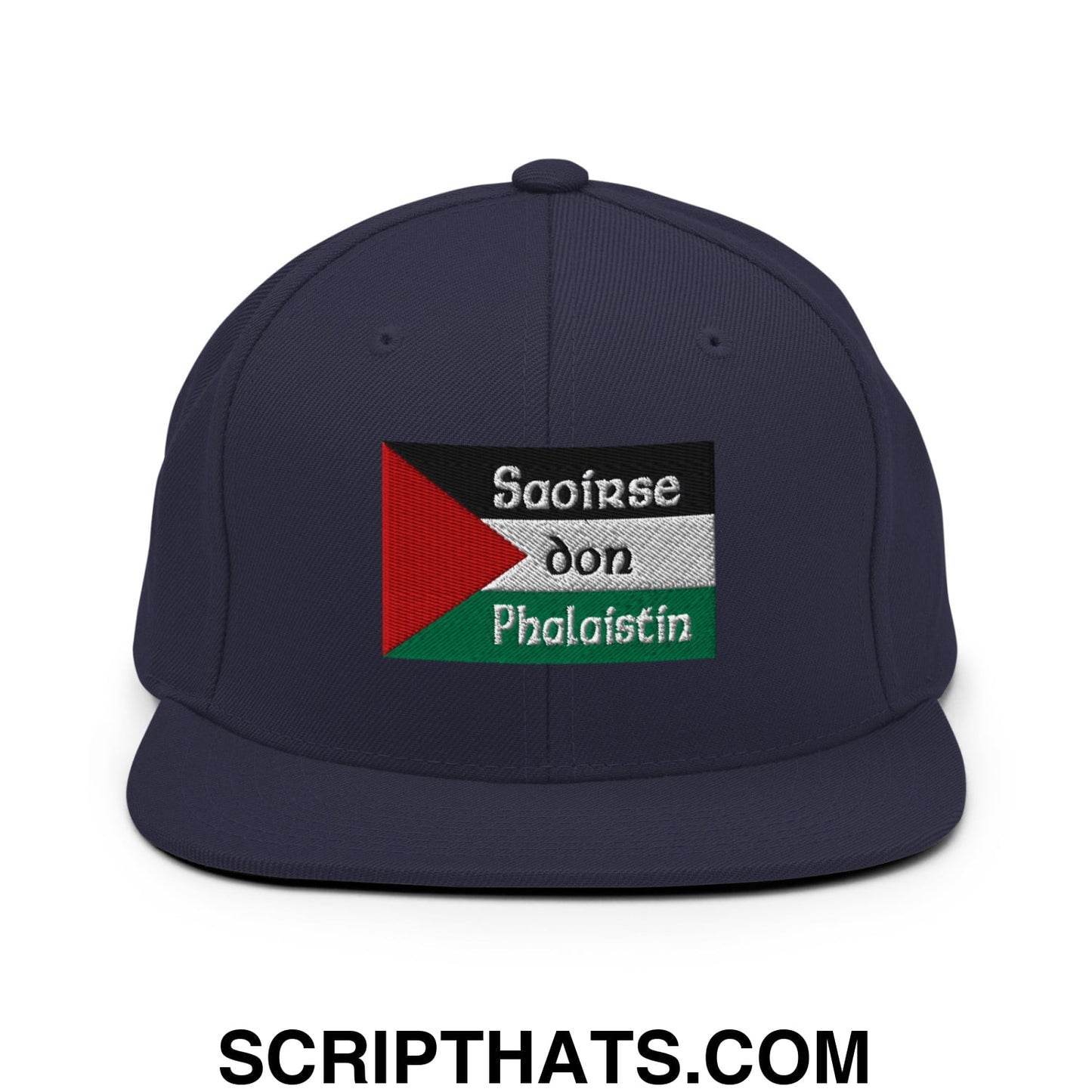 Navy blue snapback hat with embroidered palestinian flag patch and white saoirse don phalaistin text on front