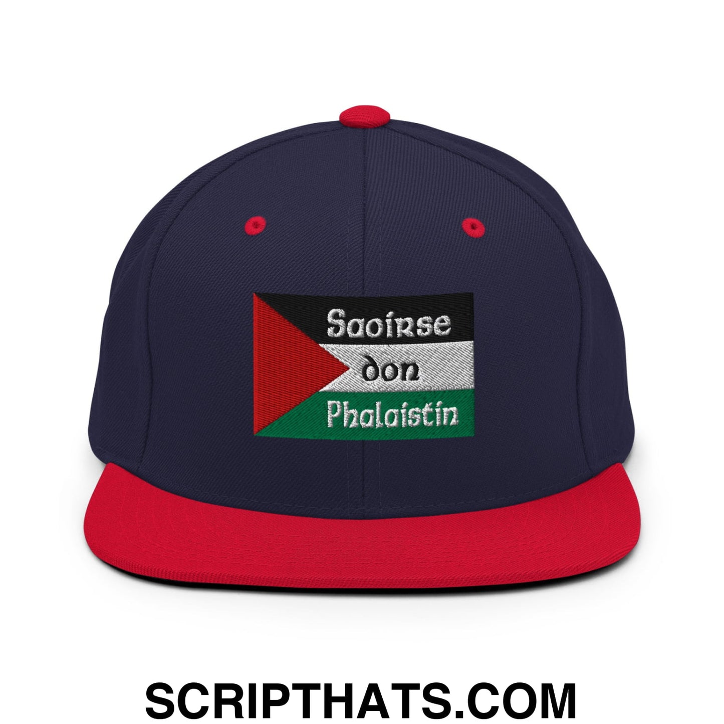 Navy blue and red snapback cap with embroidered Palestinian flag and white Saoirse don Phalaistin text on front