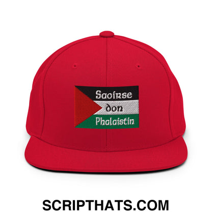 Red snapback cap with embroidered palestinian flag and white saoirse don phalaistin text on flat bill brim