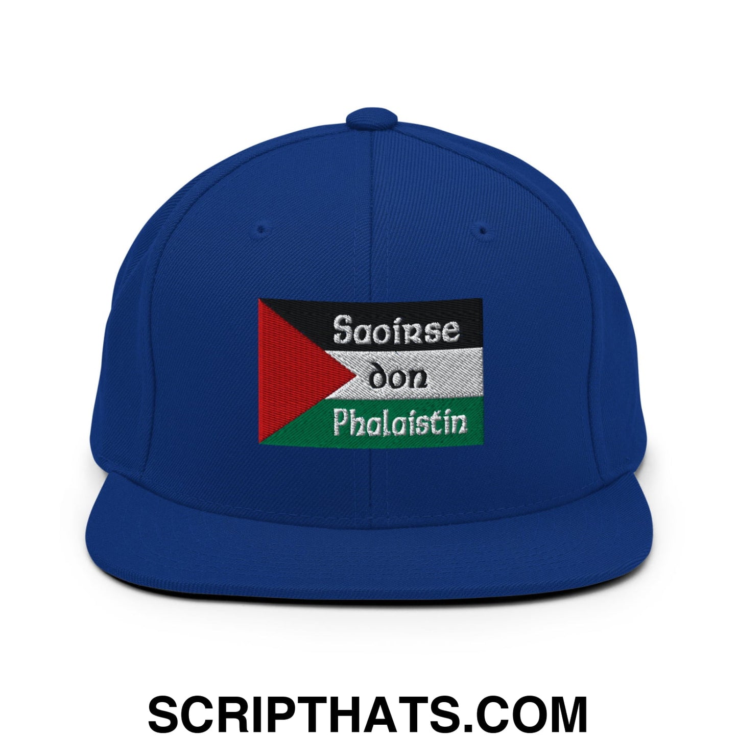 Royal blue snapback cap with embroidered palestinian flag patch and white saoirse don phalaistin text on front
