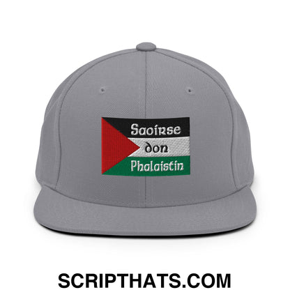 Gray snapback hat with embroidered palestinian flag and white saoirse don phalaistin text on flat bill brim