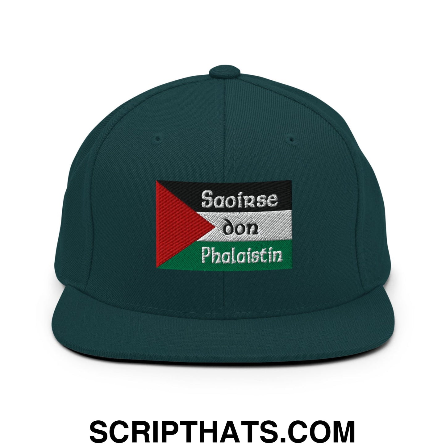 Dark green snapback cap with flat bill brim featuring an embroidered palestinian flag patch and text saoirse don phalaistin
