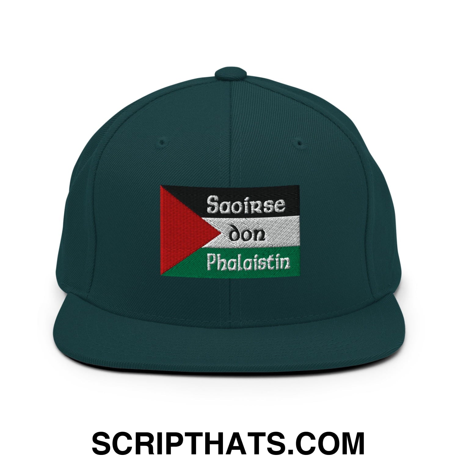 Dark green snapback cap with flat bill brim featuring an embroidered palestinian flag patch and text saoirse don phalaistin