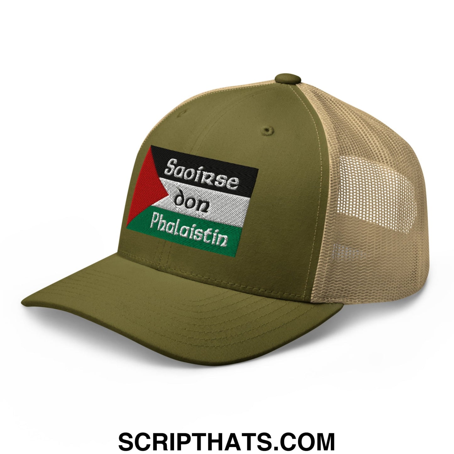 Olive green and tan mesh trucker hat with embroidered palestinian flag patch titled saoirse don phalaistin