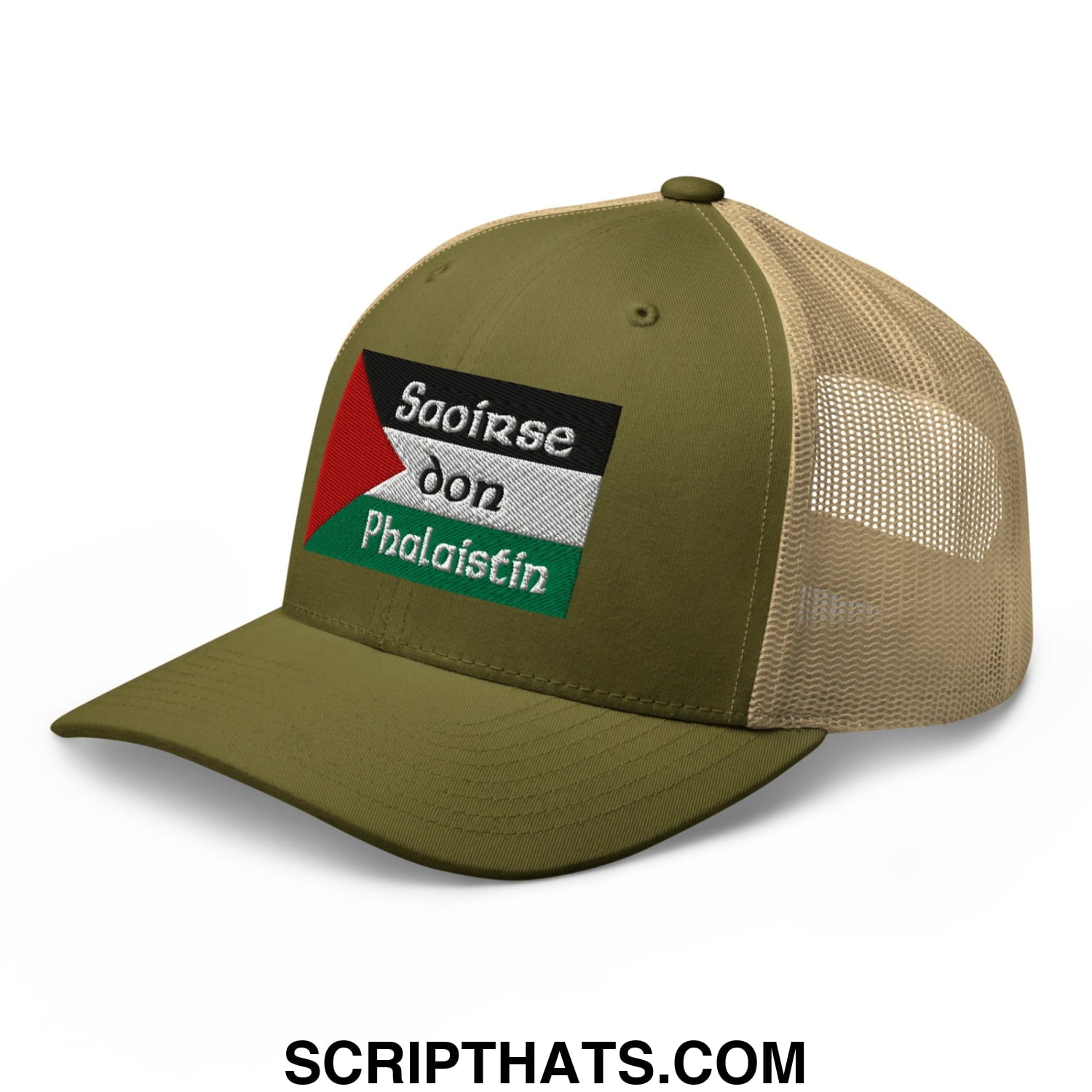 Olive green and tan mesh trucker hat with embroidered palestinian flag patch titled saoirse don phalaistin