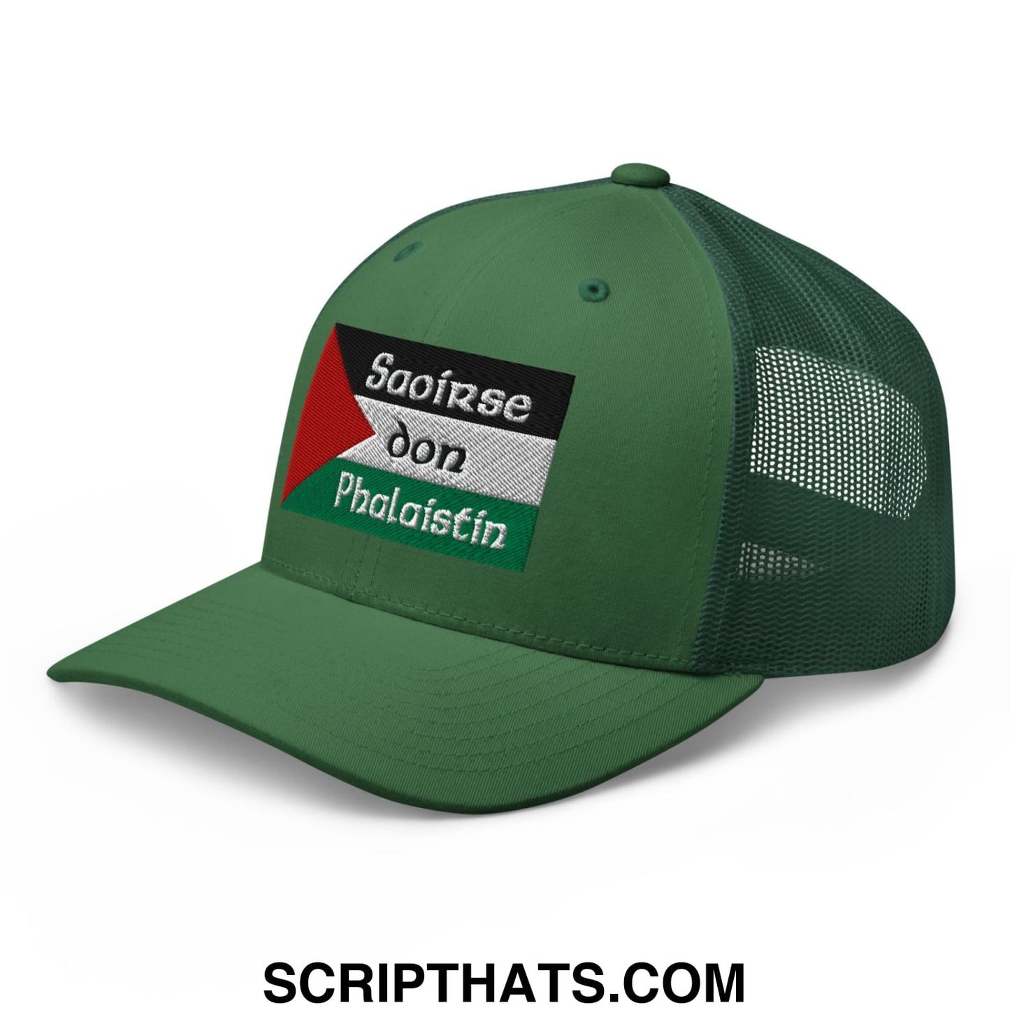 Green mesh trucker hat with palestinian flag patch and embroidered irish gaelic text saoirse don phalaistin