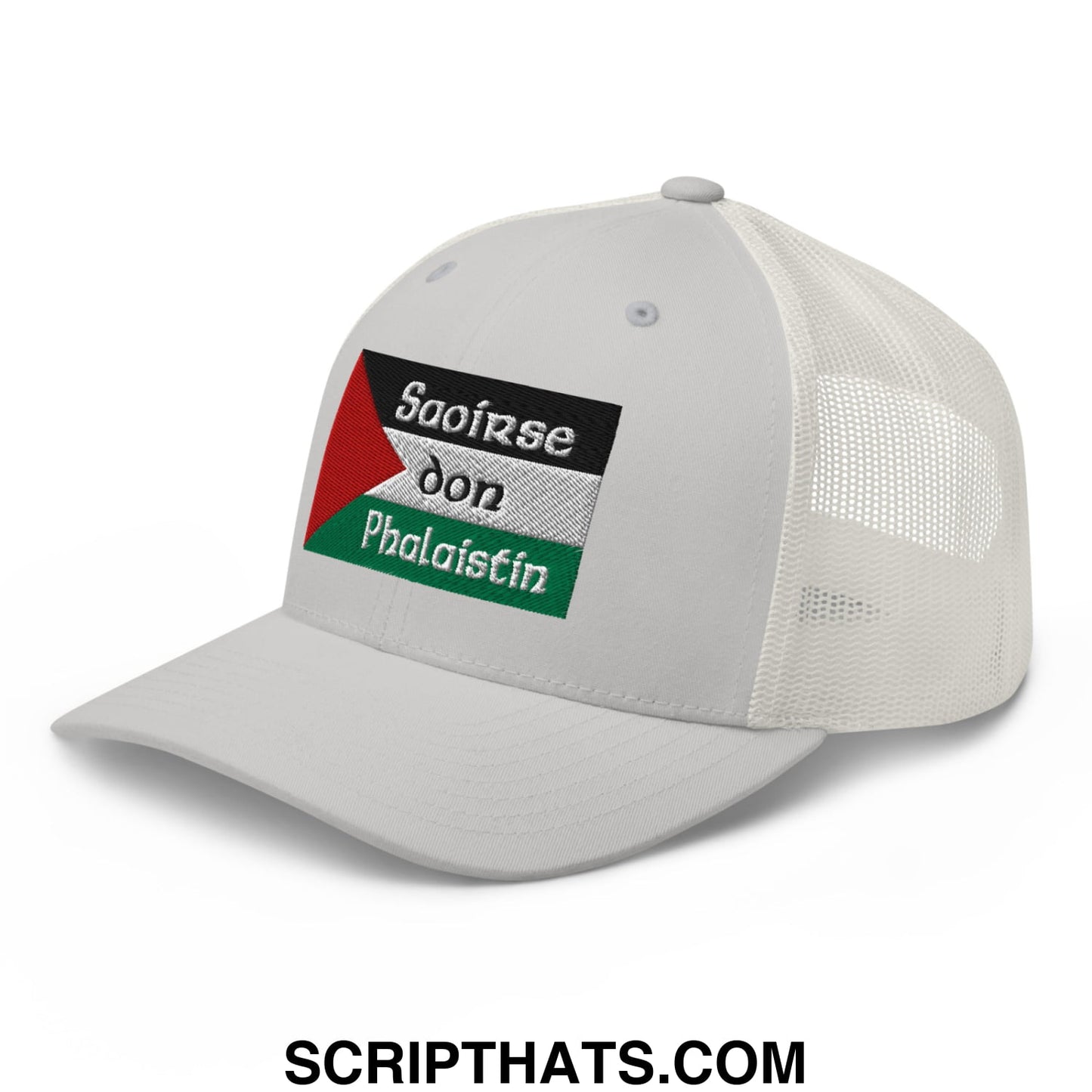 White mesh trucker hat with black white and green embroidered patch featuring the palestinian flag design